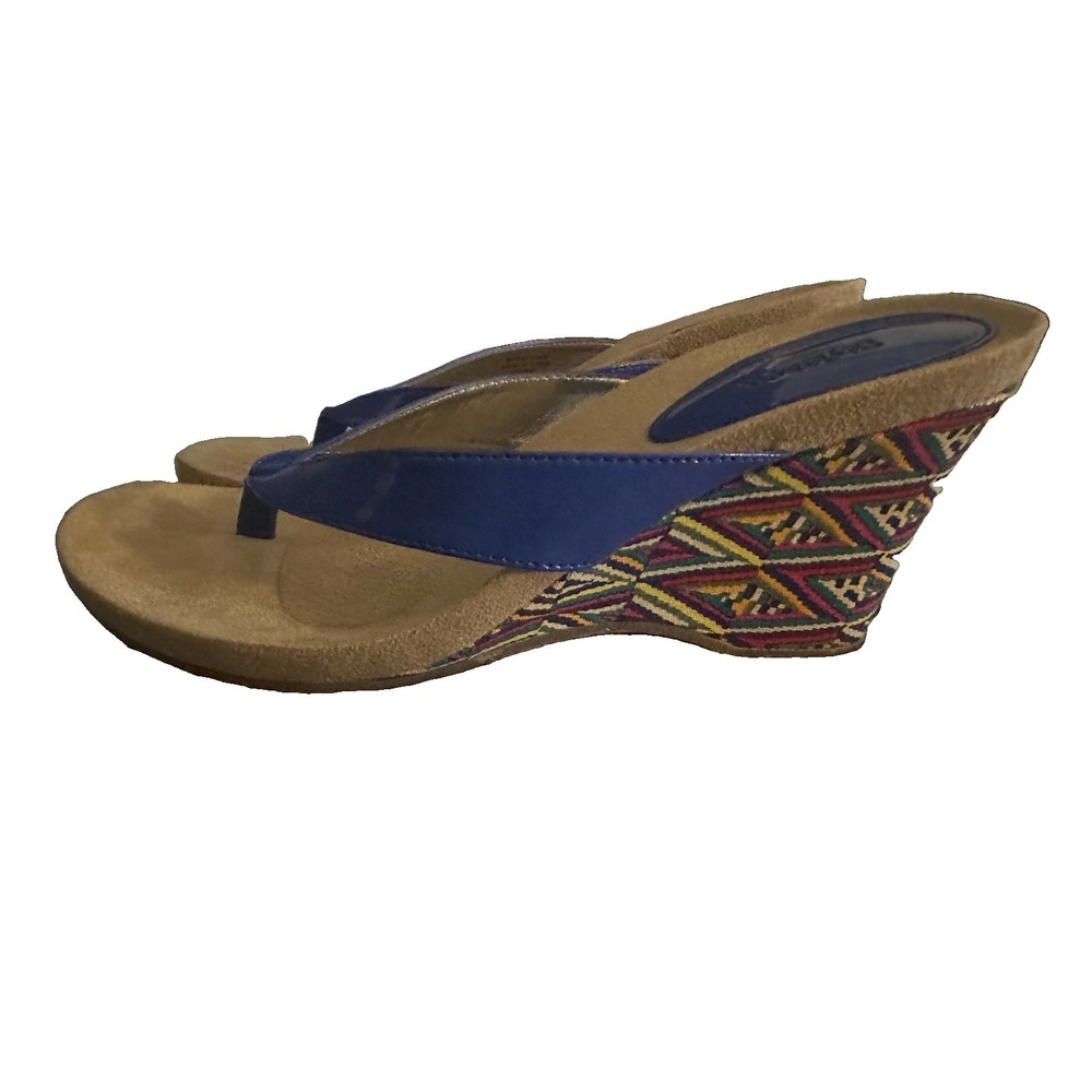 Style & Co Women's Thong Chicklet Wedge Sandals Geo Print Slip-On Blue Multi